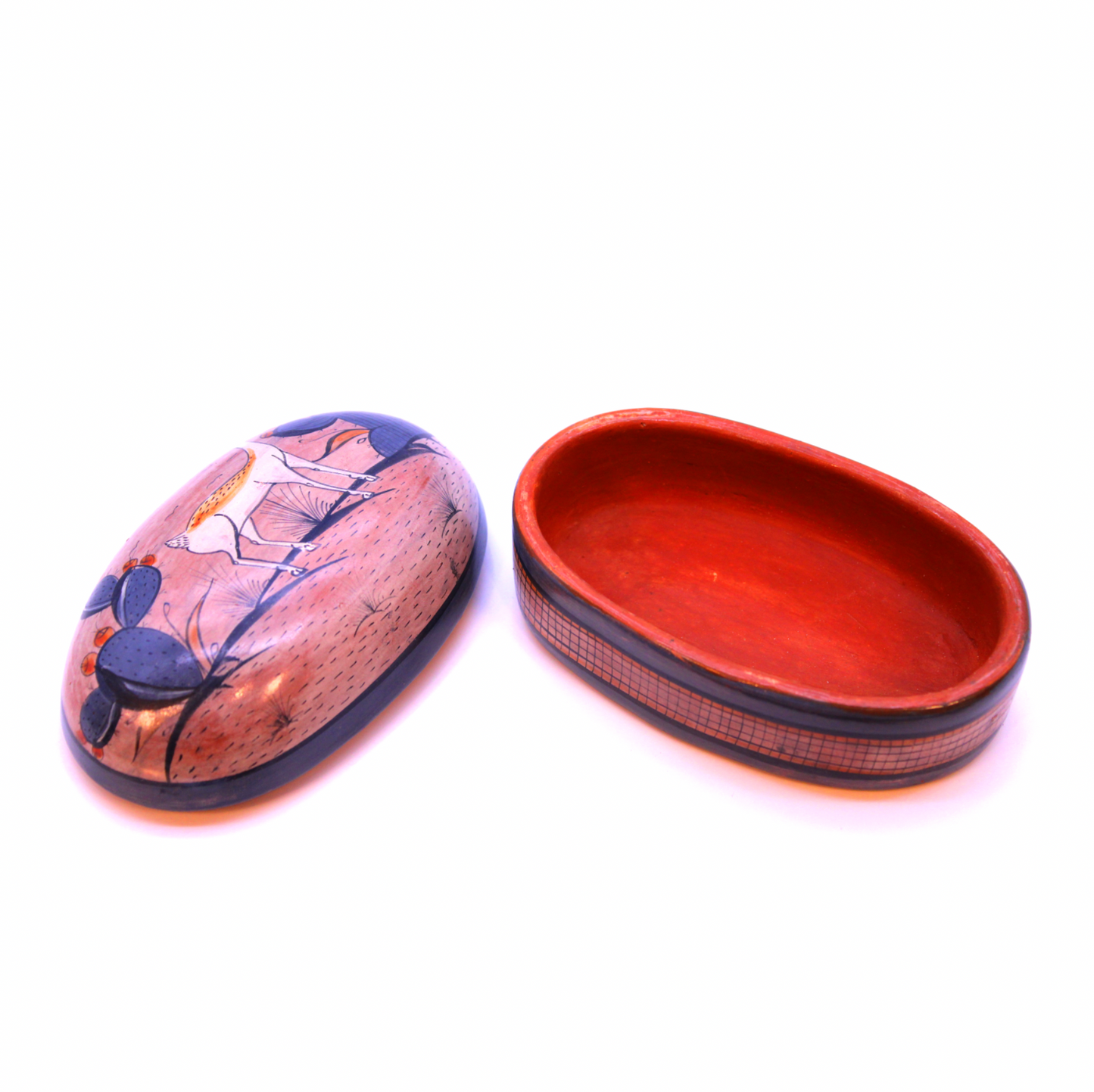 Hand-Painted Burnished Clay Oval Box - Beige | Mexican Folk Art Ceramic