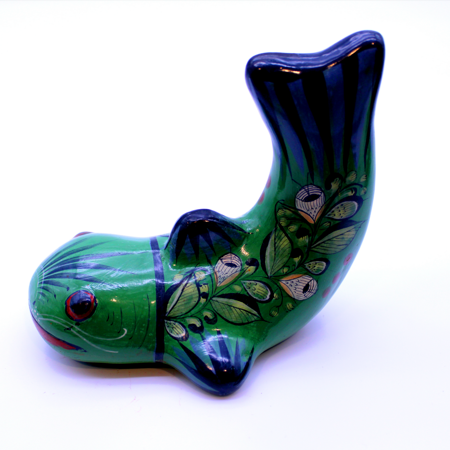 Hand-Painted Burnished Clay Green Fish - Mexican Folk Art Ceramic Figure