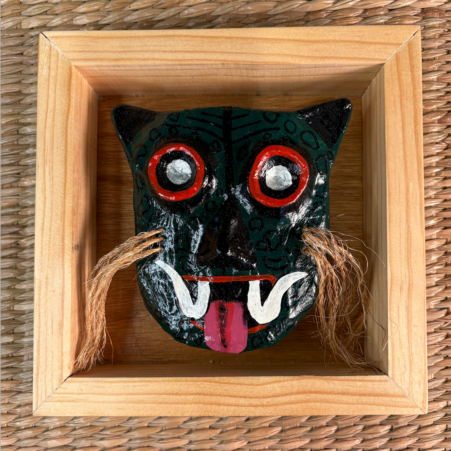 Green Jaguar Mask - Hand-Carved Pine Wood & Paper-Mâché | Mexican Folk Art Wall Mask