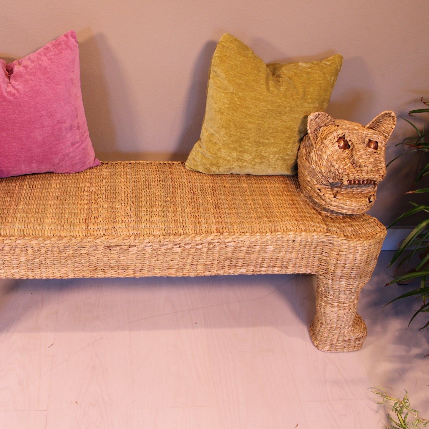 Handwoven Double Headed Jaguar Bench - Natural Reed Chuspata | Mexican Artisan Furniture