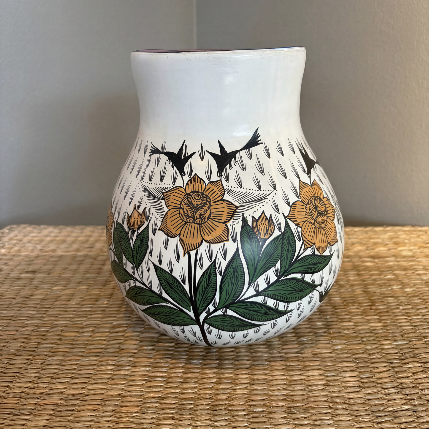 Hand-Painted Decorative Clay Vase - Yellow Roses & Black Birds | Michoacán Mexican Folk Art