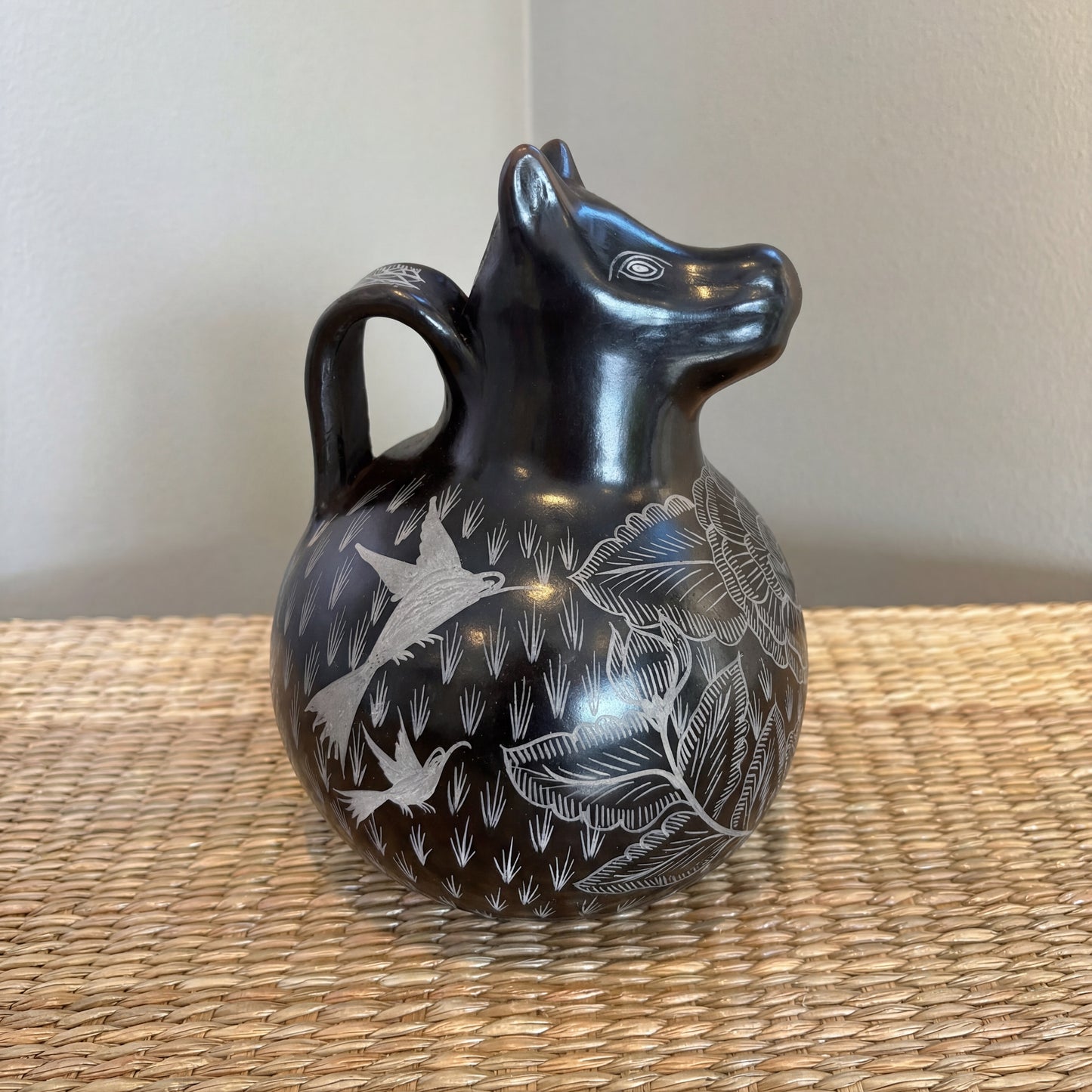 XOLO Clay Pitcher - Small | Burnished Clay with Flora & Hummingbird Designs | Michoacán Folk Art
