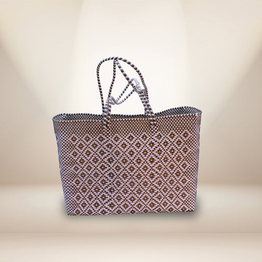 Hand crafted tote made 100% recycled plastic brown and white-HPT-005