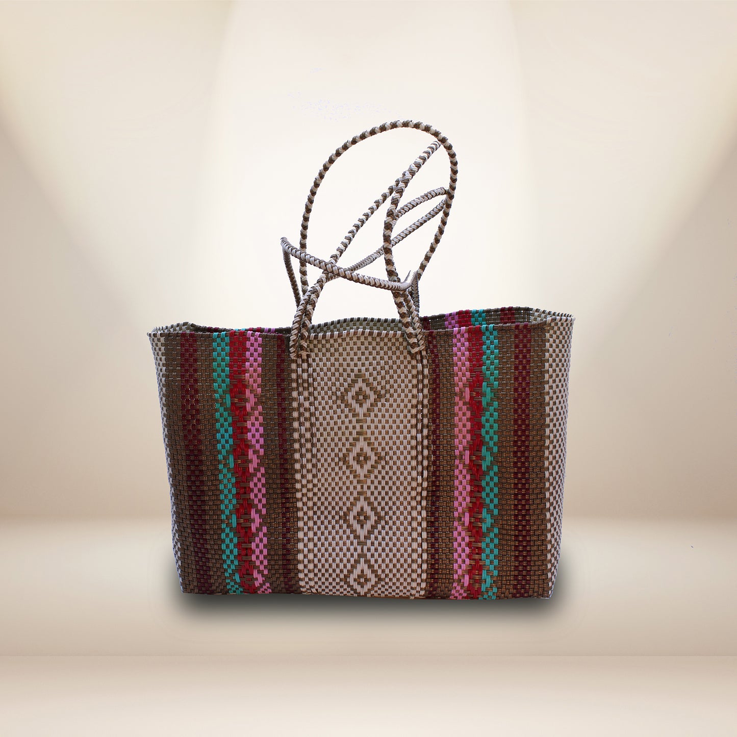 Hand crafted tote made 100% recycled plastic brown multicolor-HPT-006