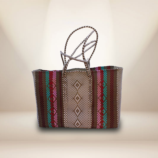 Hand crafted tote made 100% recycled plastic brown multicolor-HPT-006