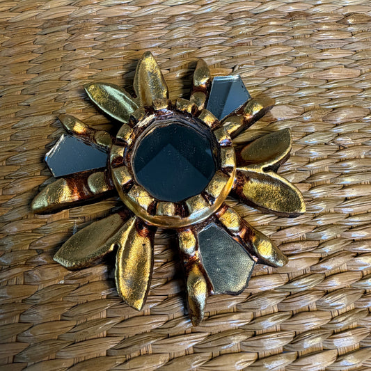 Sunburst Wall Mirror featuring hand-carved wood with gold leaf and glass accents. size Small