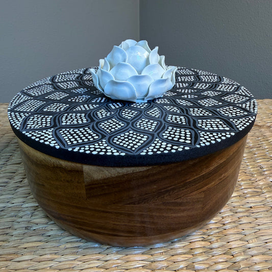 Wood "Parota"  Tortilla Warmer, hand painted, beautiful details in black and white colors.  White flower handle.