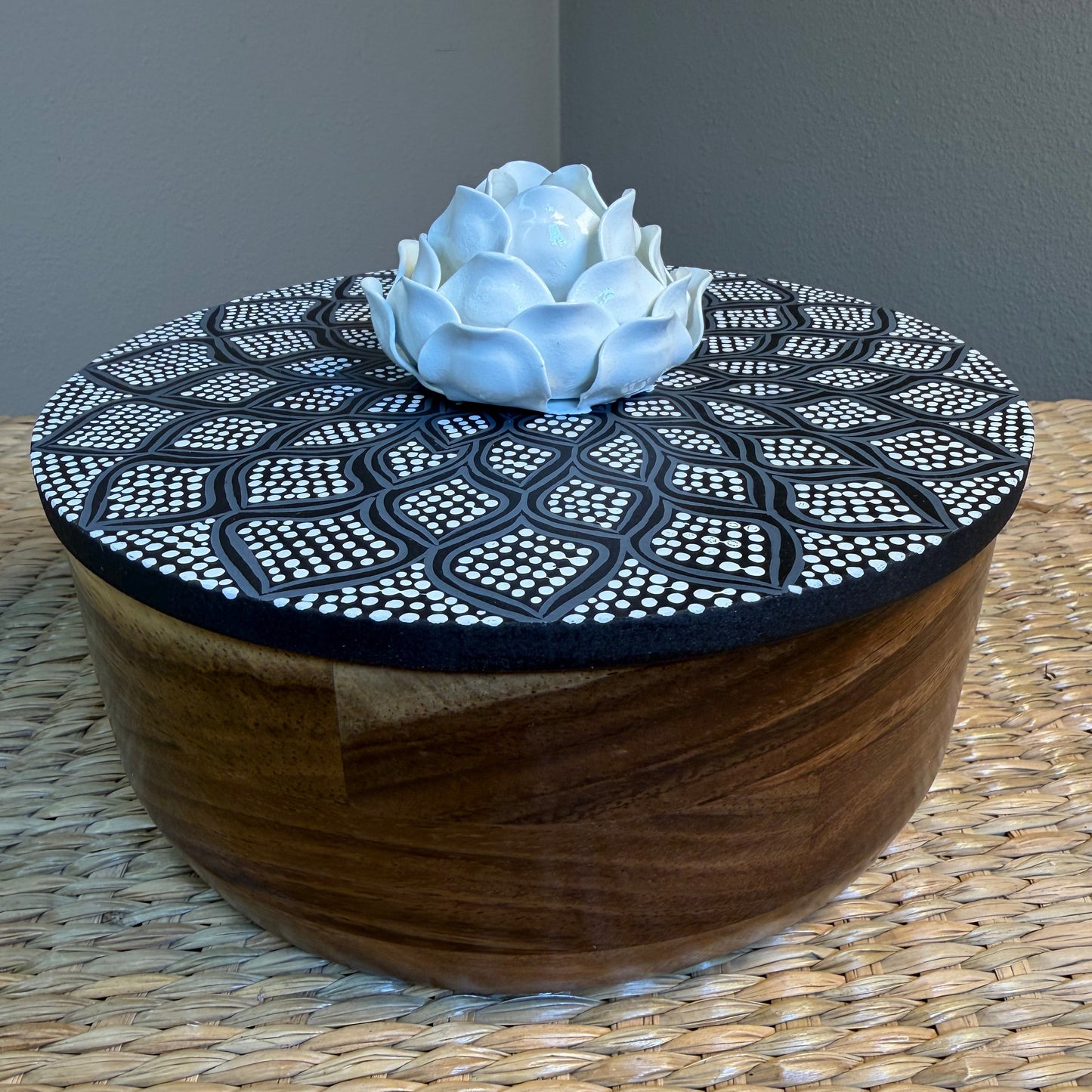 Wood "Parota"  Tortilla Warmer, hand painted, beautiful details in black and white colors.  White flower handle.