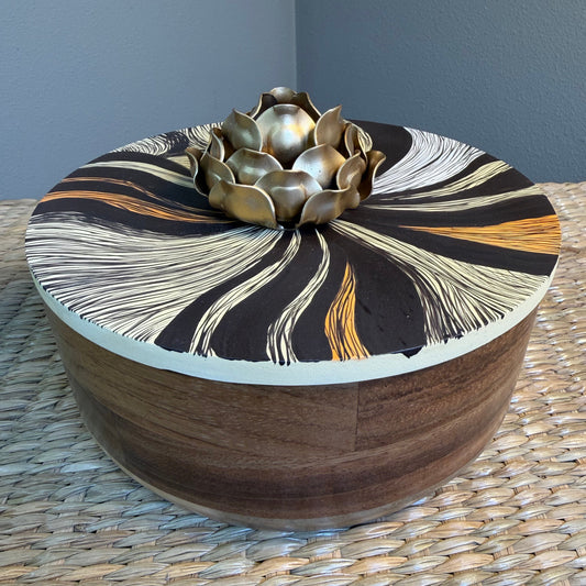 Wood "Parota"  Tortilla Warmer, hand painted, beautiful details in brown,  crea & orange colors.  Gold flower handle.