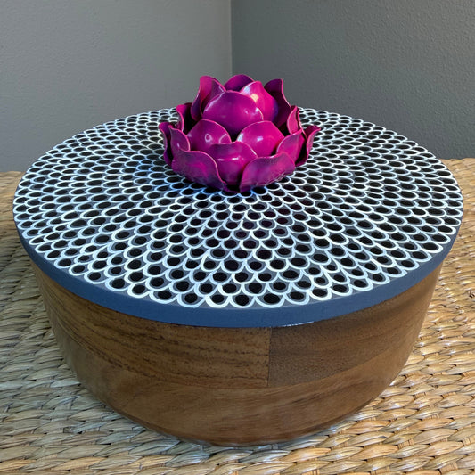 Wood "Parota"  Tortilla Warmer, hand painted, beautiful details in black ,white & grey colors.  Pink flower handle.
