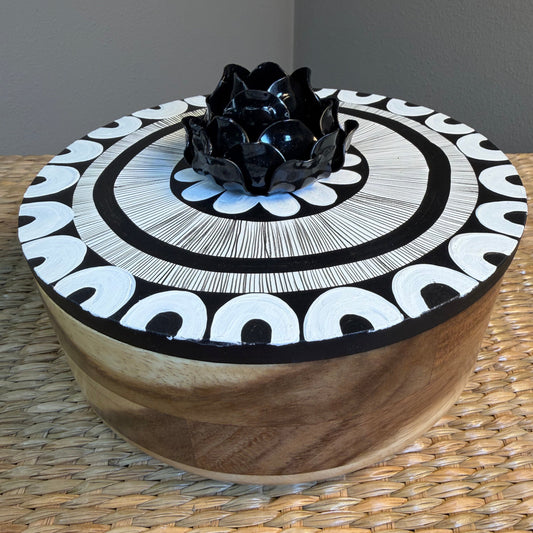 Wood "Parota"  Tortilla Warmer, hand painted, beautiful details in black and white colors.  Black flower handle.