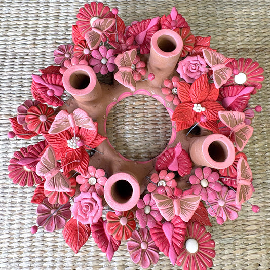 Handmade Mexican pottery clay , candle holder featuring intricate pink and red decorations