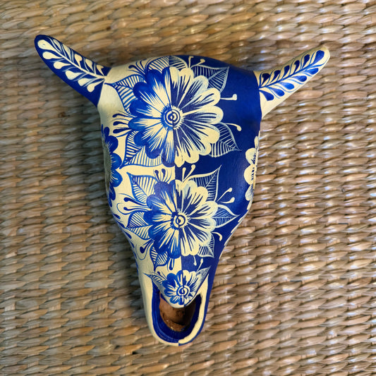 Cow Skull Wall Art. Hand painted in blue & cream colors