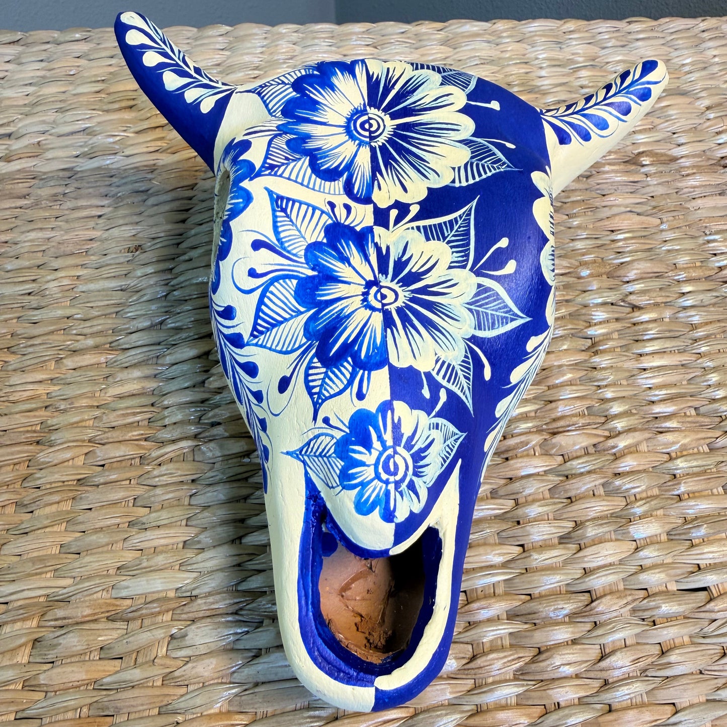 Cow Skull Wall Art. Hand painted in blue & cream colors