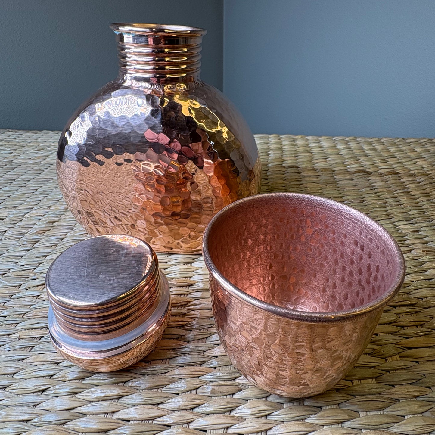 Hand-Hammered Copper Water Pot with Matching Cup - Mexican Artisan Copperware