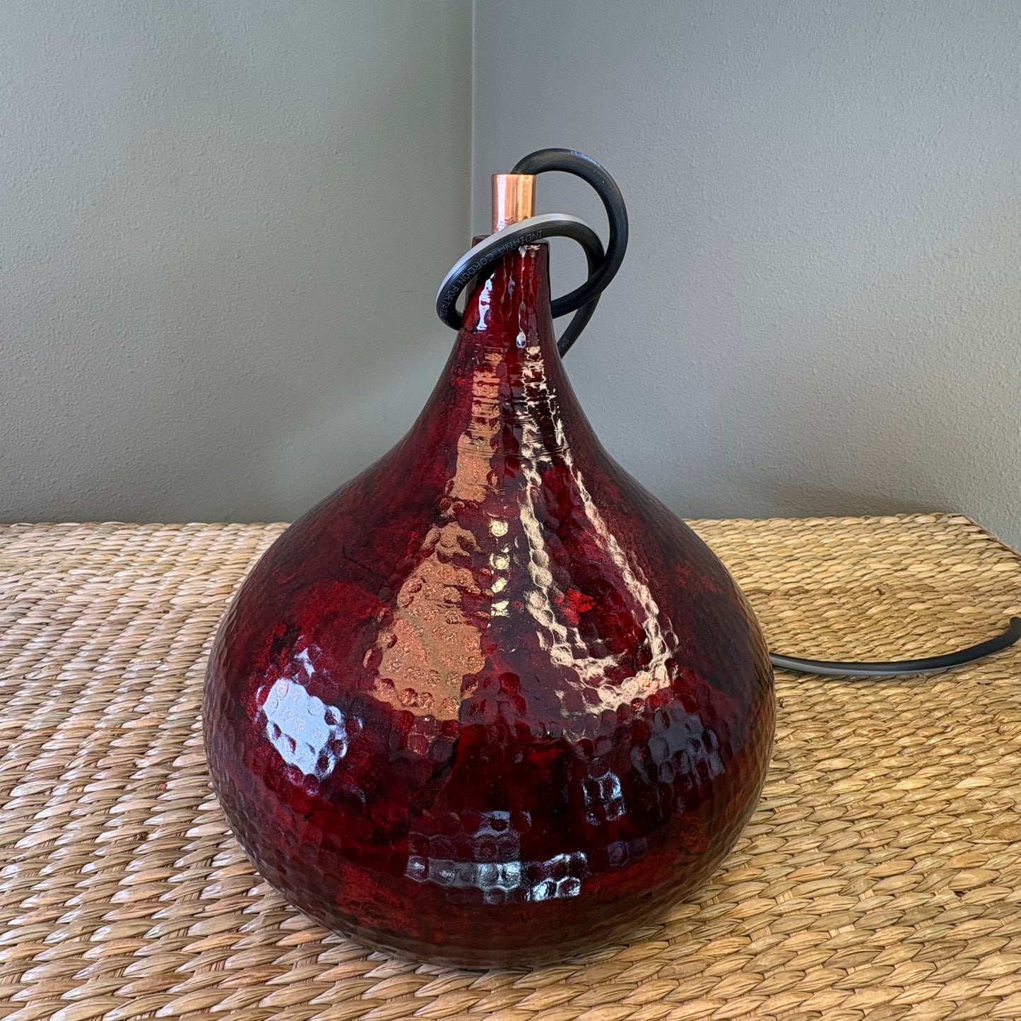 Vintage Ruby Red Hammered Copper Lamp Base - Mexican Artisan Copperware