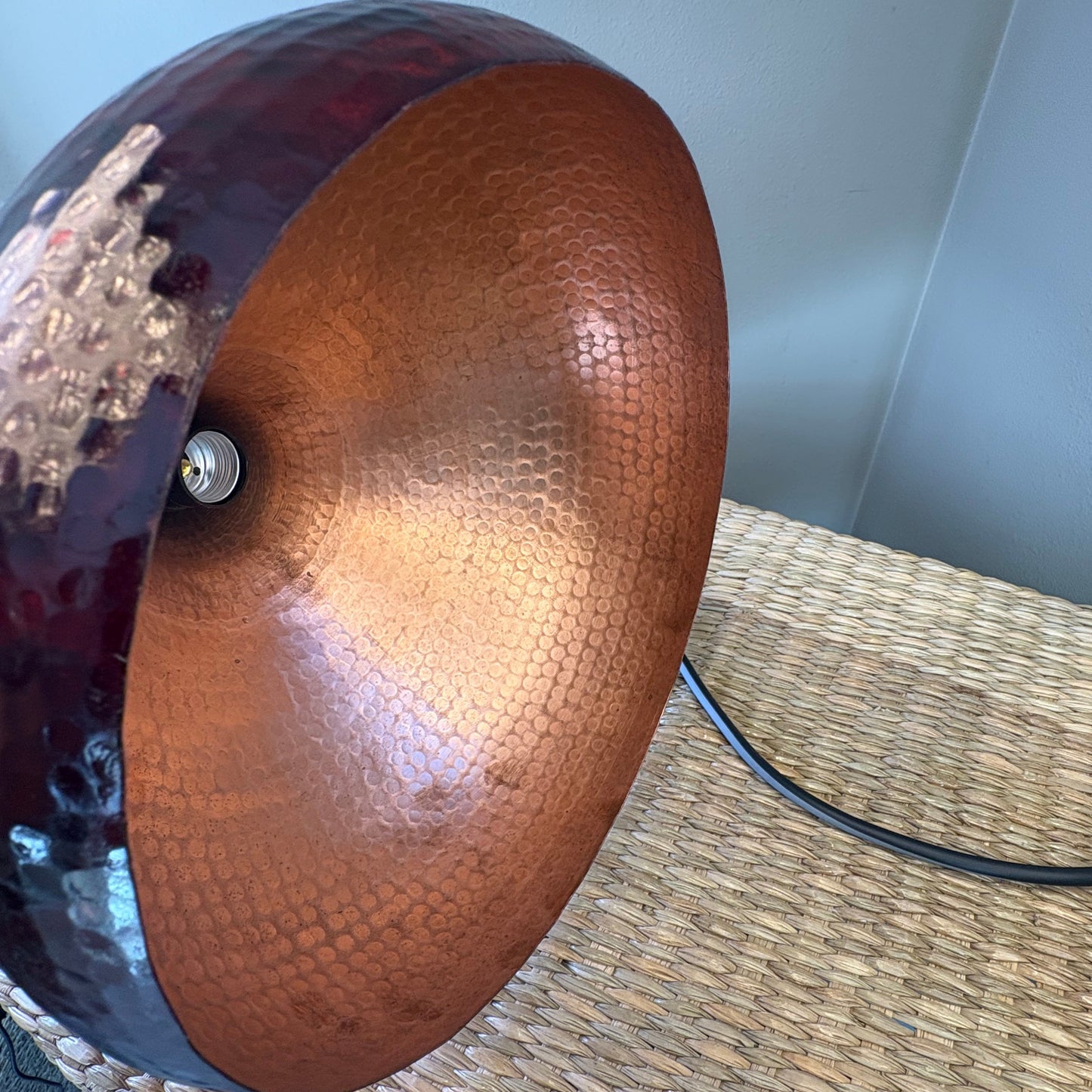 Vintage Ruby Red Hammered Copper Lamp Base - Mexican Artisan Copperware