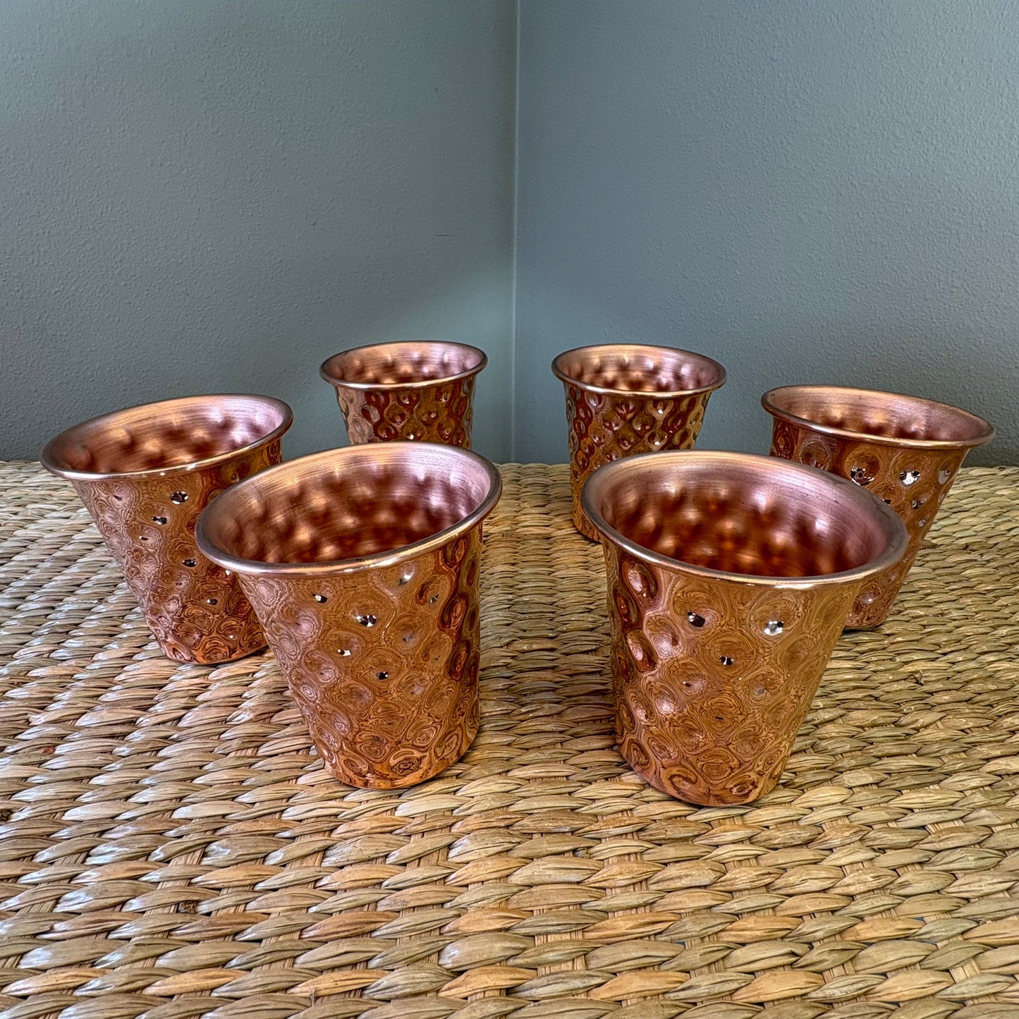 Hand-Hammered Pure Copper Water Cups Set of 6 - Mexican Artisan Copperware
