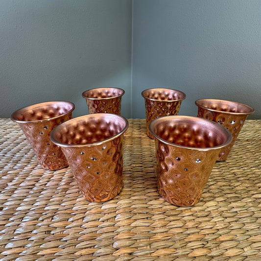 Hand-Hammered Pure Copper Water Cups Set of 6 - Mexican Artisan Copperware