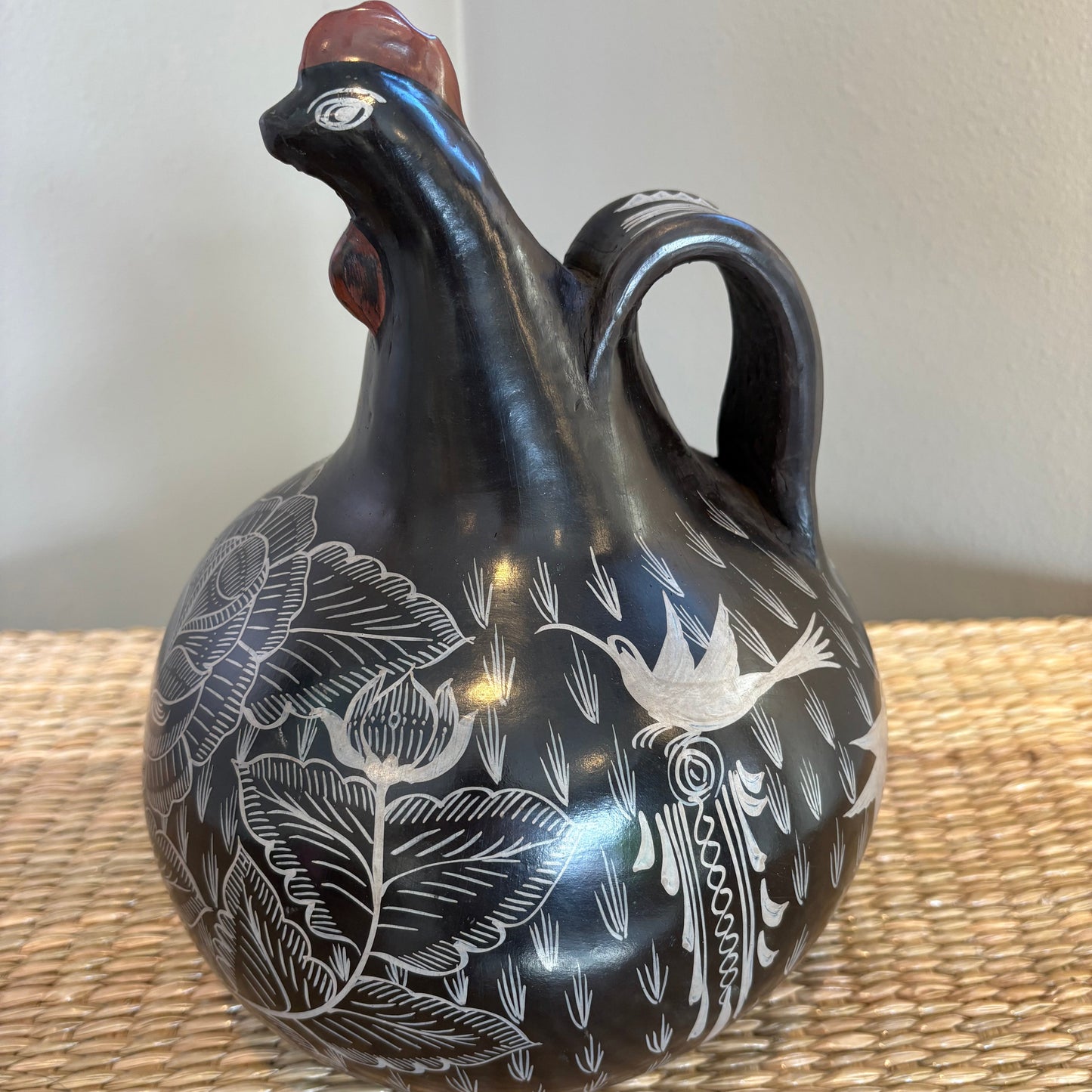 Handmade Burnished Clay Hen Pitcher - Rooster Shape | Michoacán Mexican Folk Art