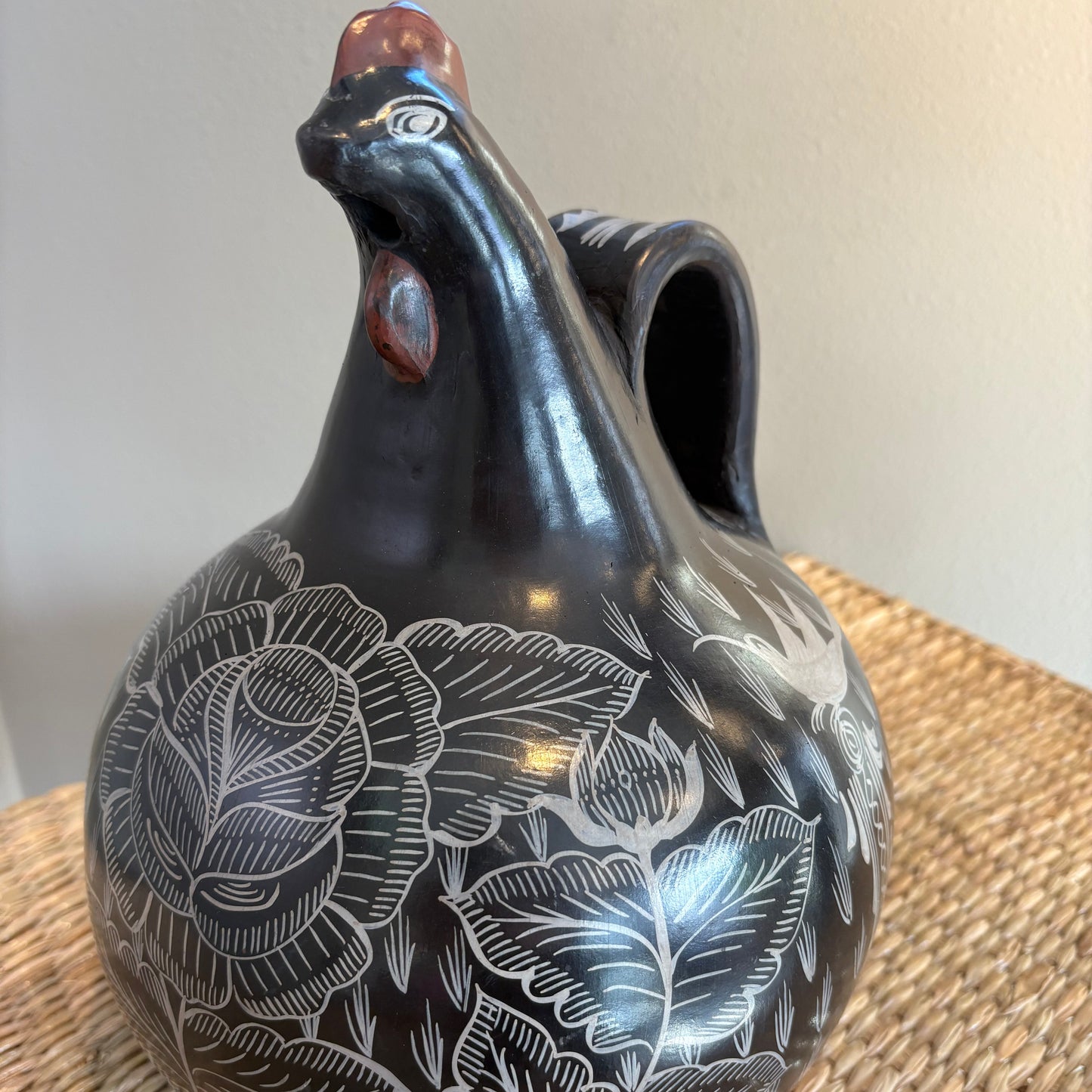 Handmade Burnished Clay Hen Pitcher - Rooster Shape | Michoacán Mexican Folk Art
