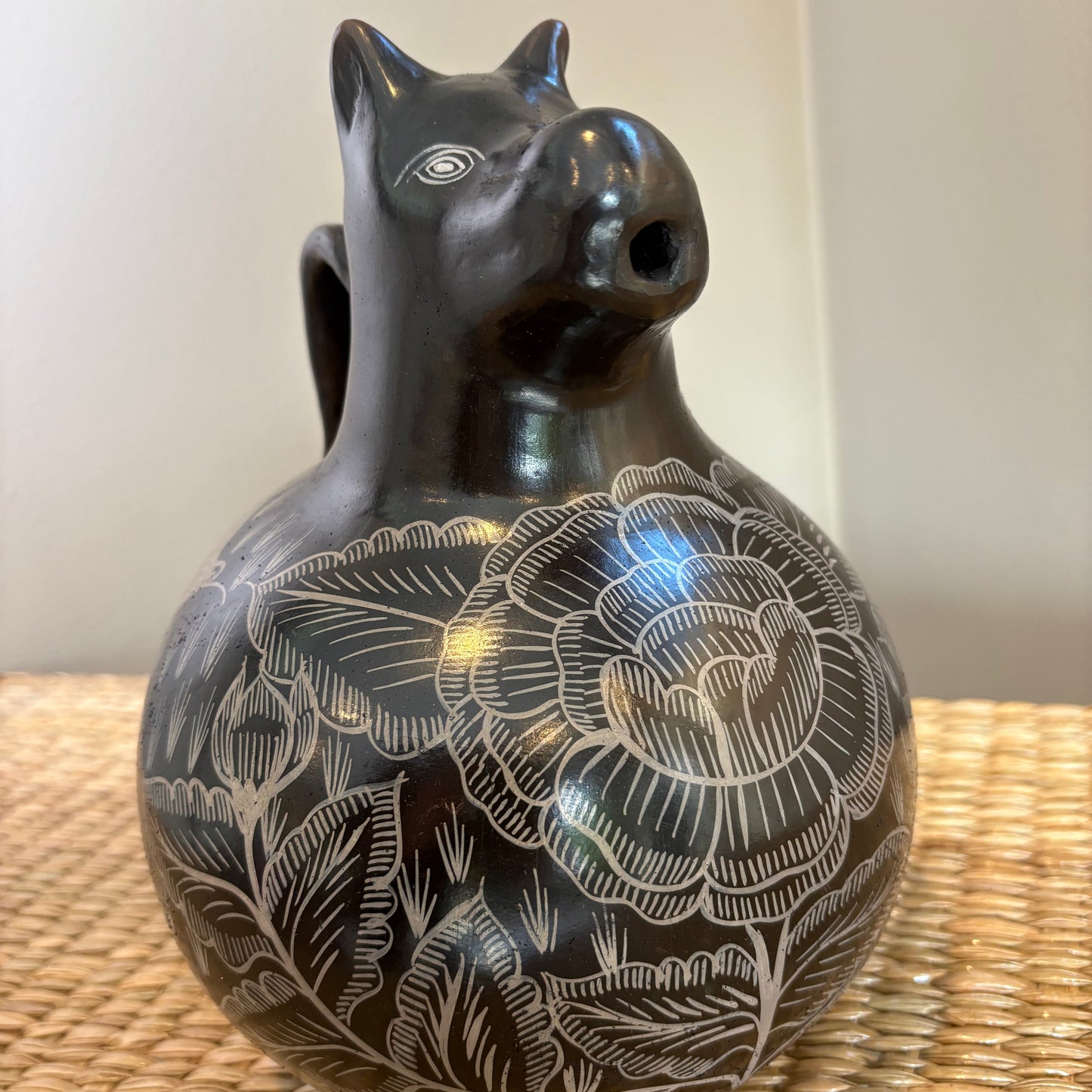 XOLO Clay Pitcher - Small | Burnished Clay with Flora & Hummingbird Designs | Michoacán Folk Art