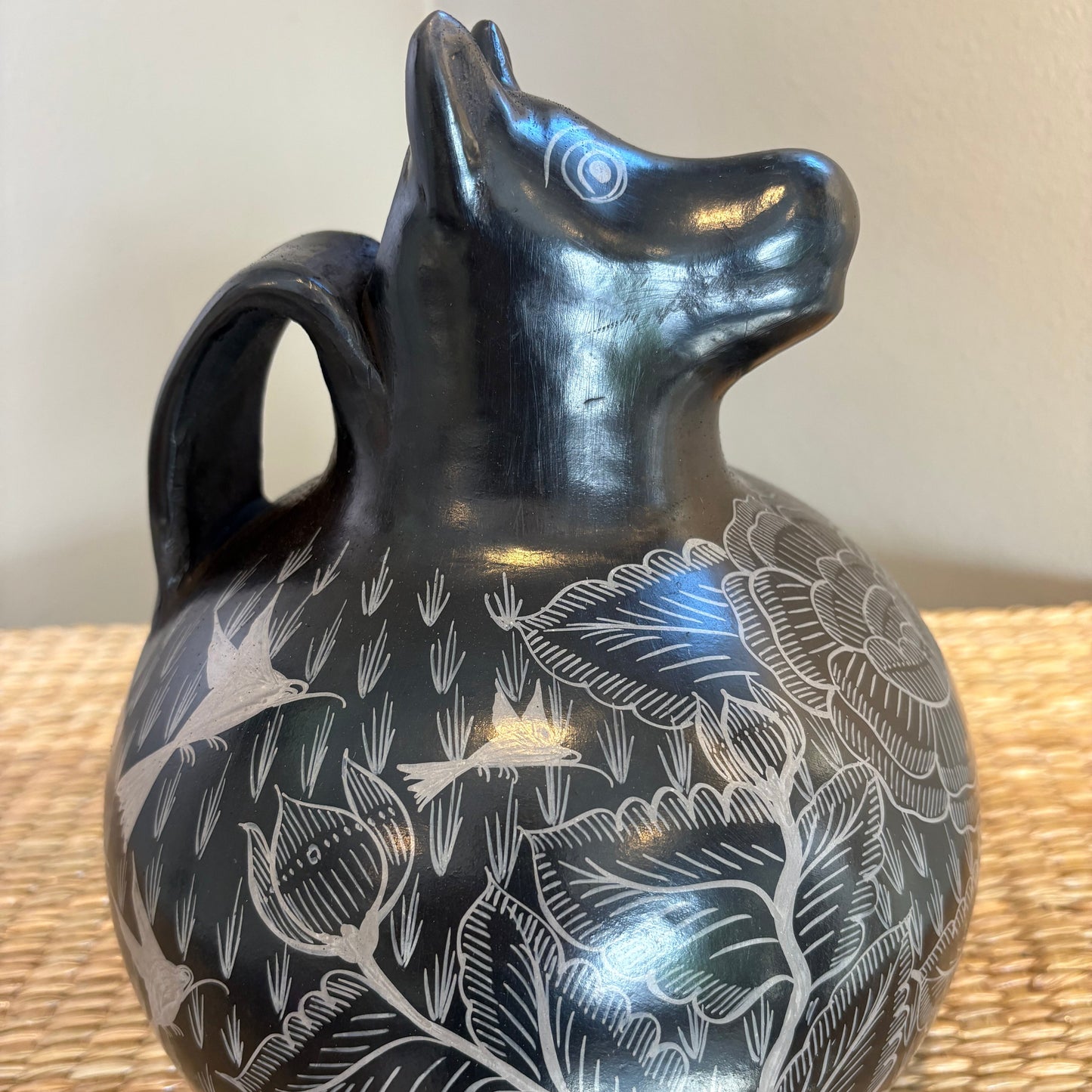 XOLO Clay Pitcher - Large | Burnished Clay with Flora & Hummingbird Designs