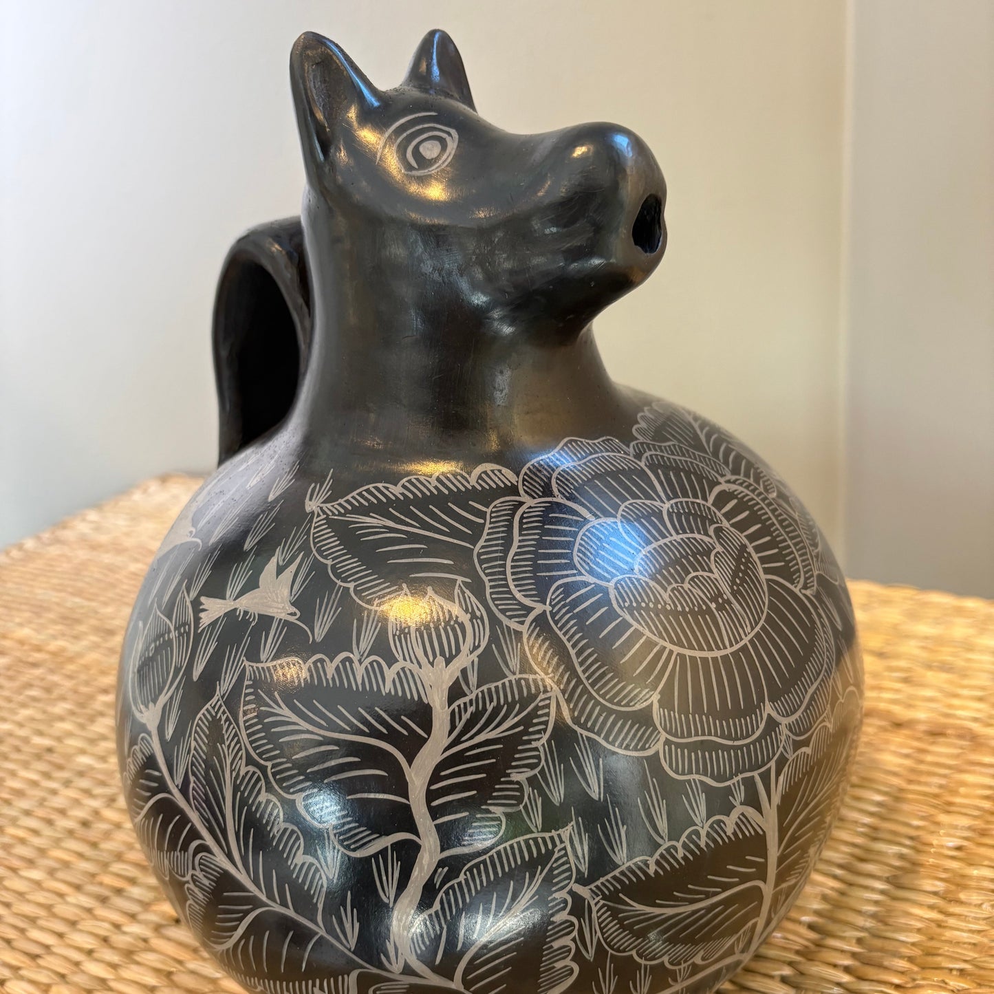 XOLO Clay Pitcher - Large | Burnished Clay with Flora & Hummingbird Designs