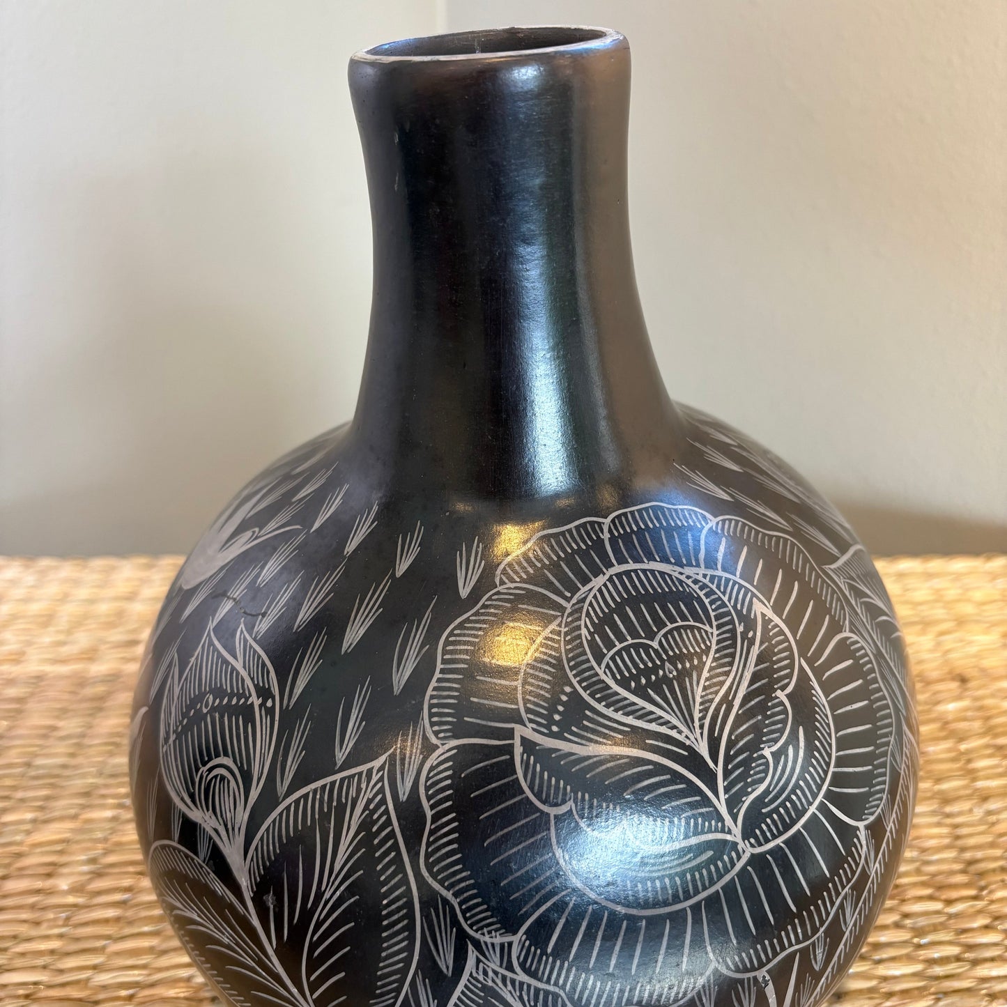 Cream Yellow Clay Vase with Black Floral Motifs - Michoacán | Mexican Folk Art
