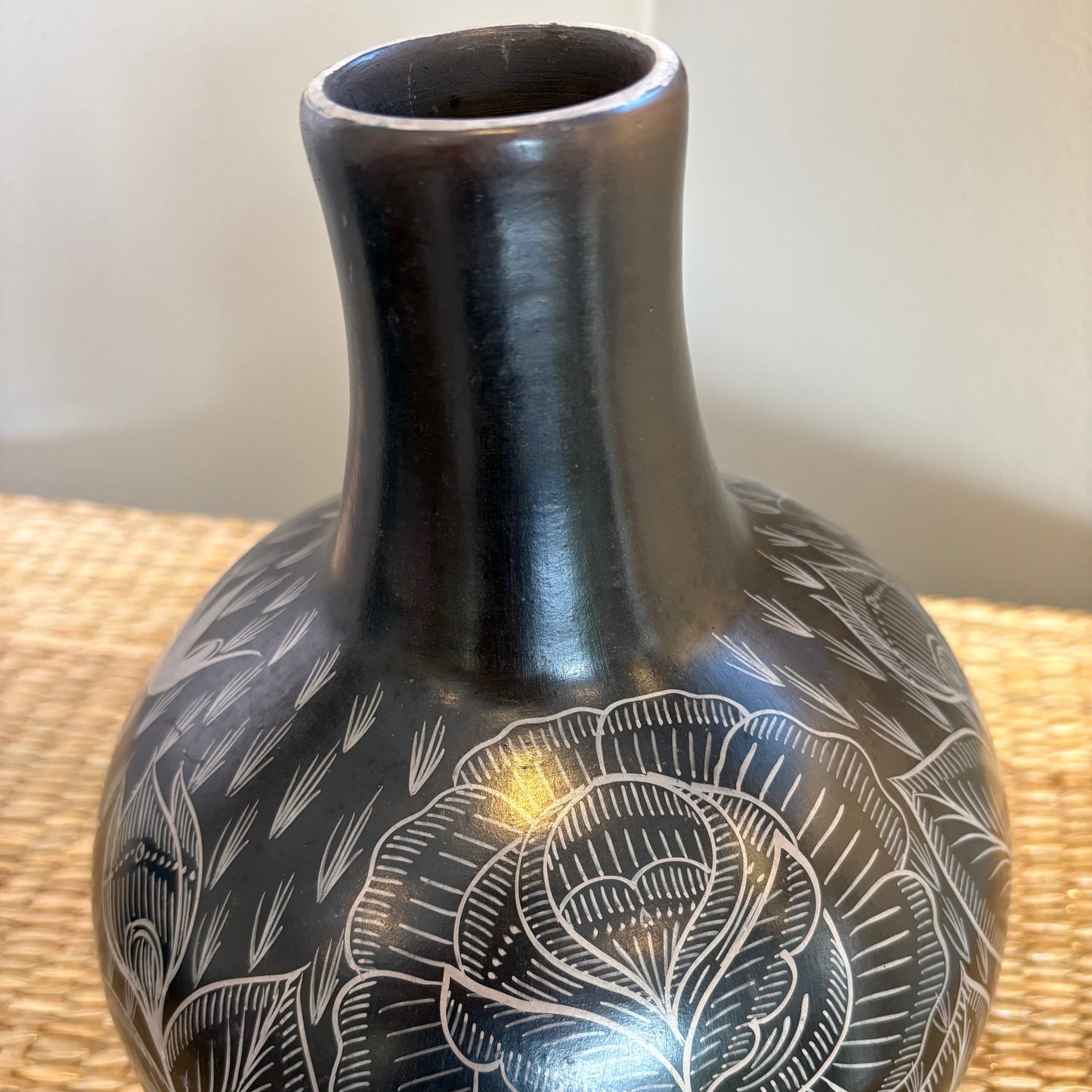 Cream Yellow Clay Vase with Black Floral Motifs - Michoacán | Mexican Folk Art