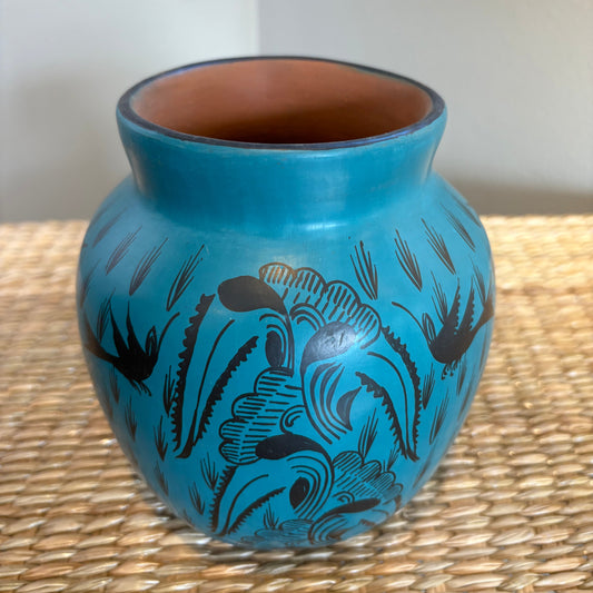 Mexican hand-painted clay pot from Michoacan. This is a decorative folk art piece of flower base (small)