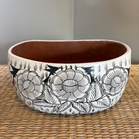 Handcrafted planter embossed  with a floral motifs. hand painted . Made in Michoacan-Mexico