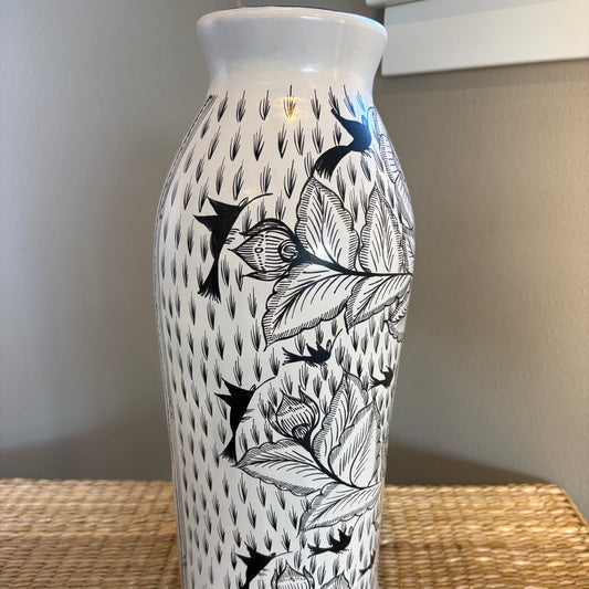 Tall cylindrical vase-white with black designs (small)