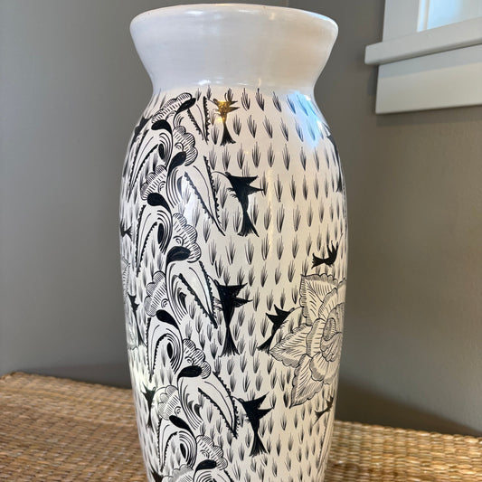 Tall cylindrical vase-white with black designs (large)