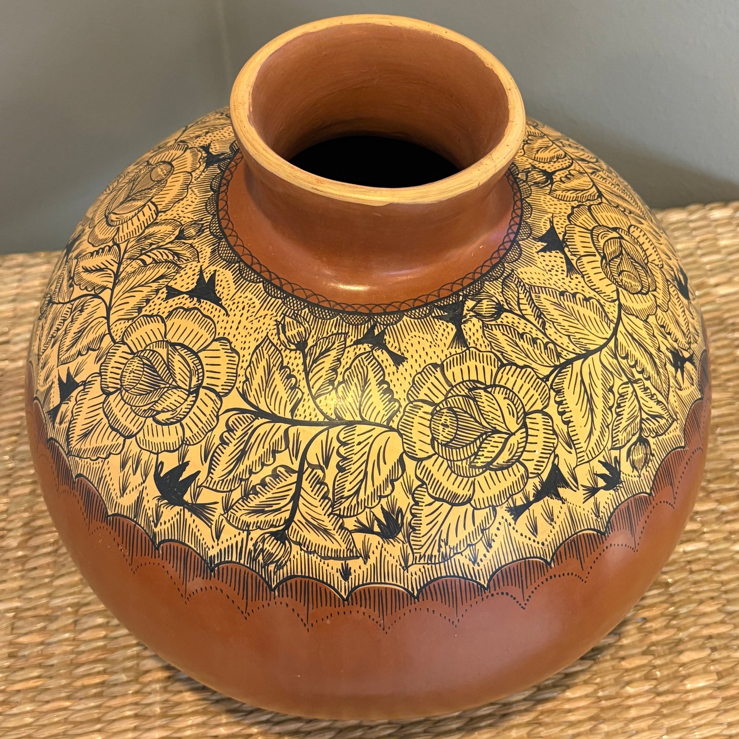Handpainted Red Clay Floral Vase - Michoacán | Burnished Mexican Pottery