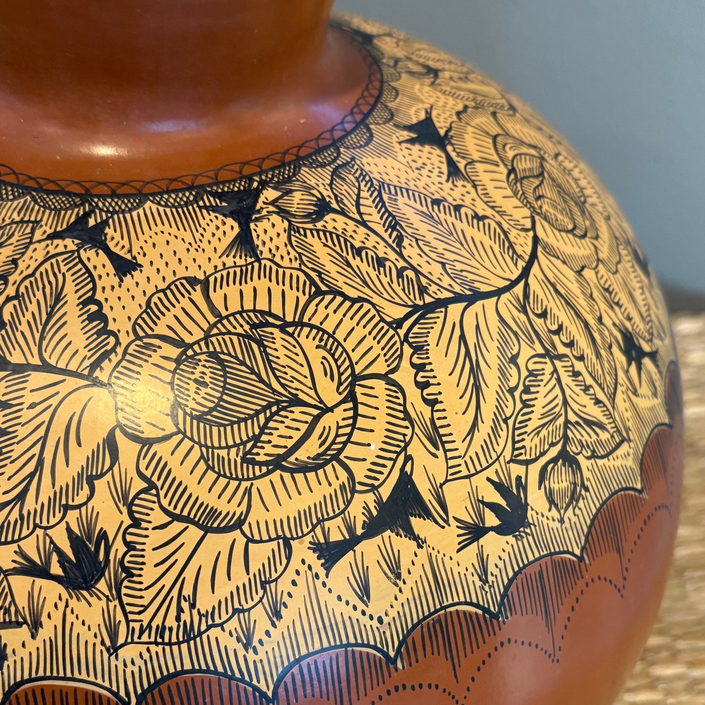 Handpainted Red Clay Floral Vase - Michoacán | Burnished Mexican Pottery