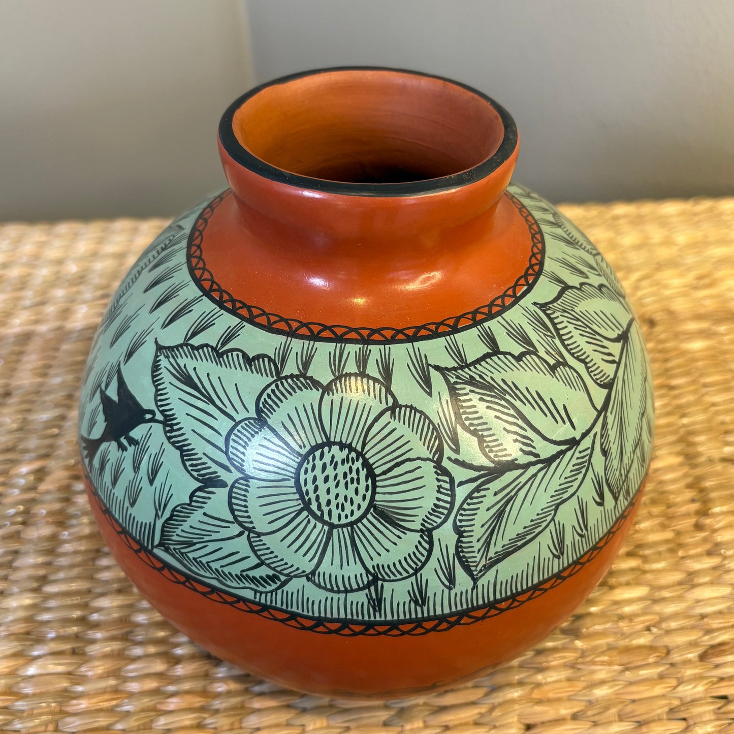 Turquoise Floral Burnished Clay Vase - Michoacán | Authentic Mexican Pottery