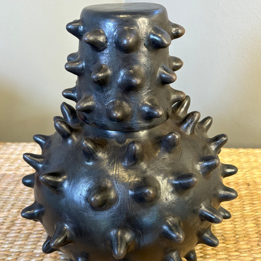 Set of handcrafted Mexican "Barro" / Clay , decorative pottery, from Michoacan-Mexico, fraturing a unique spiked design. This pieces are generally intented as decorative sculptures vases to add trxture to a room's ambiance.