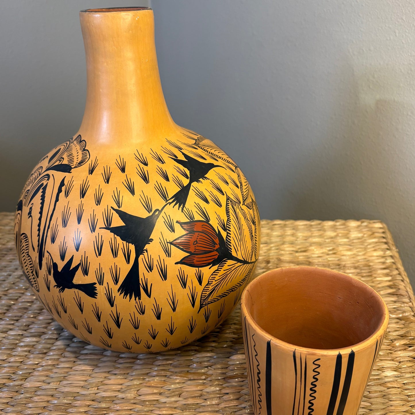 Handpainted Gourd Pot & Glass Set - Michoacán Folk Art | Yellow, Black & Orange
