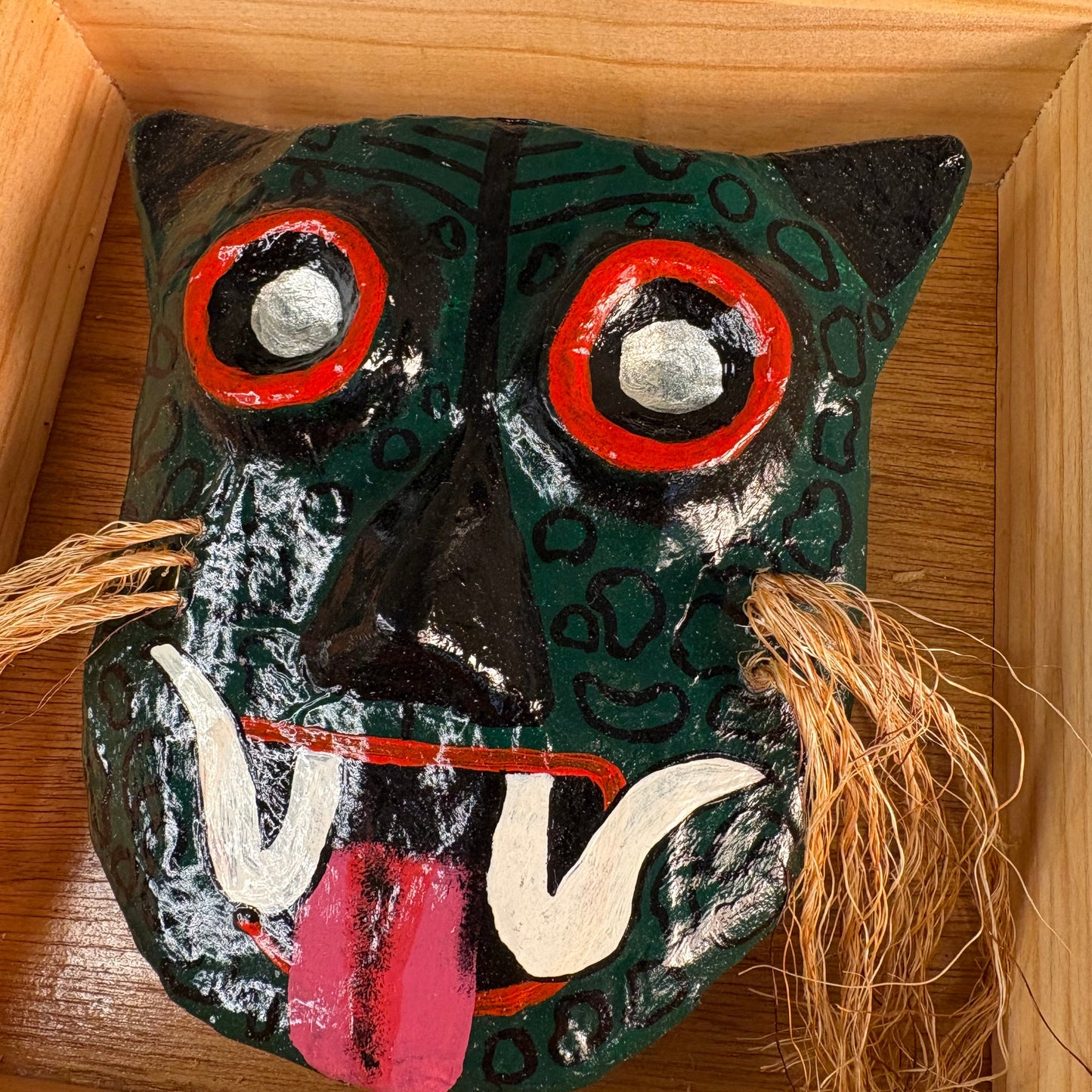 Green Jaguar Mask - Hand-Carved Pine Wood & Paper-Mâché | Mexican Folk Art Wall Mask