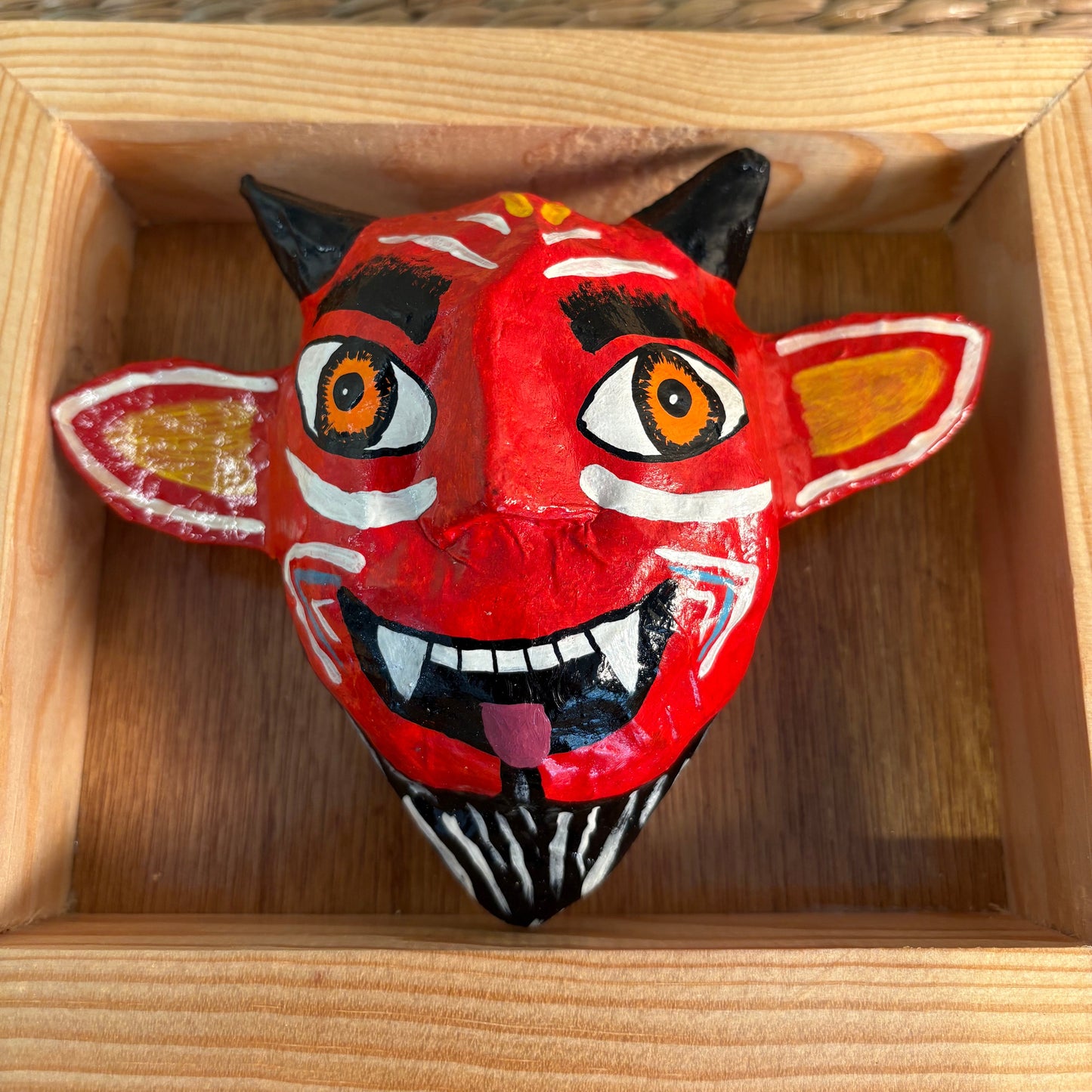 Red Devil Mask - Hand-Carved Pine Wood Mexican Folk Art | Decorative Wall Mask