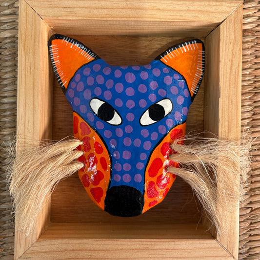 Hand-Painted Coyote Mask - Pine Wood Framed | Mexican Folk Art Wall Decor