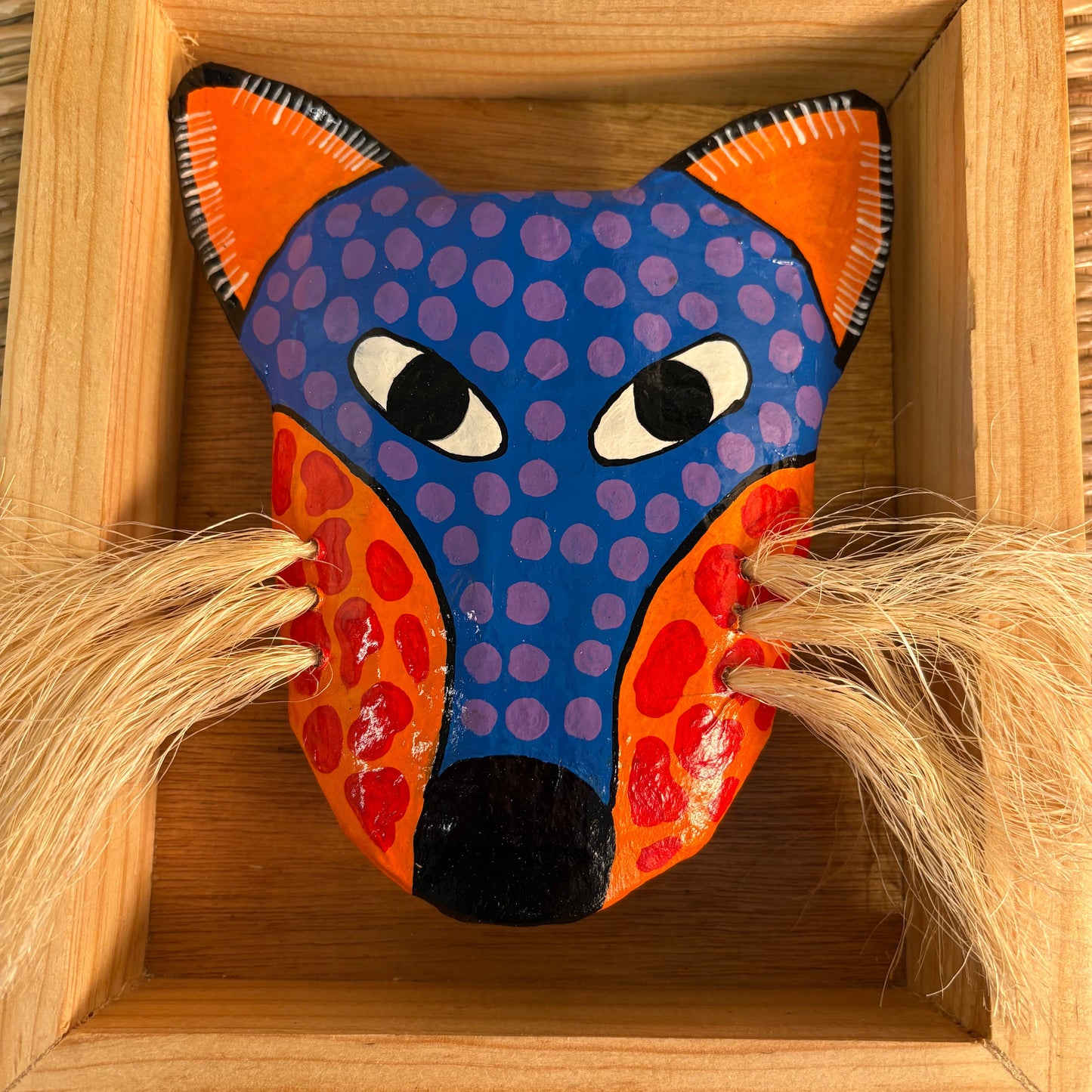 Hand-Painted Coyote Mask - Pine Wood Framed | Mexican Folk Art Wall Decor