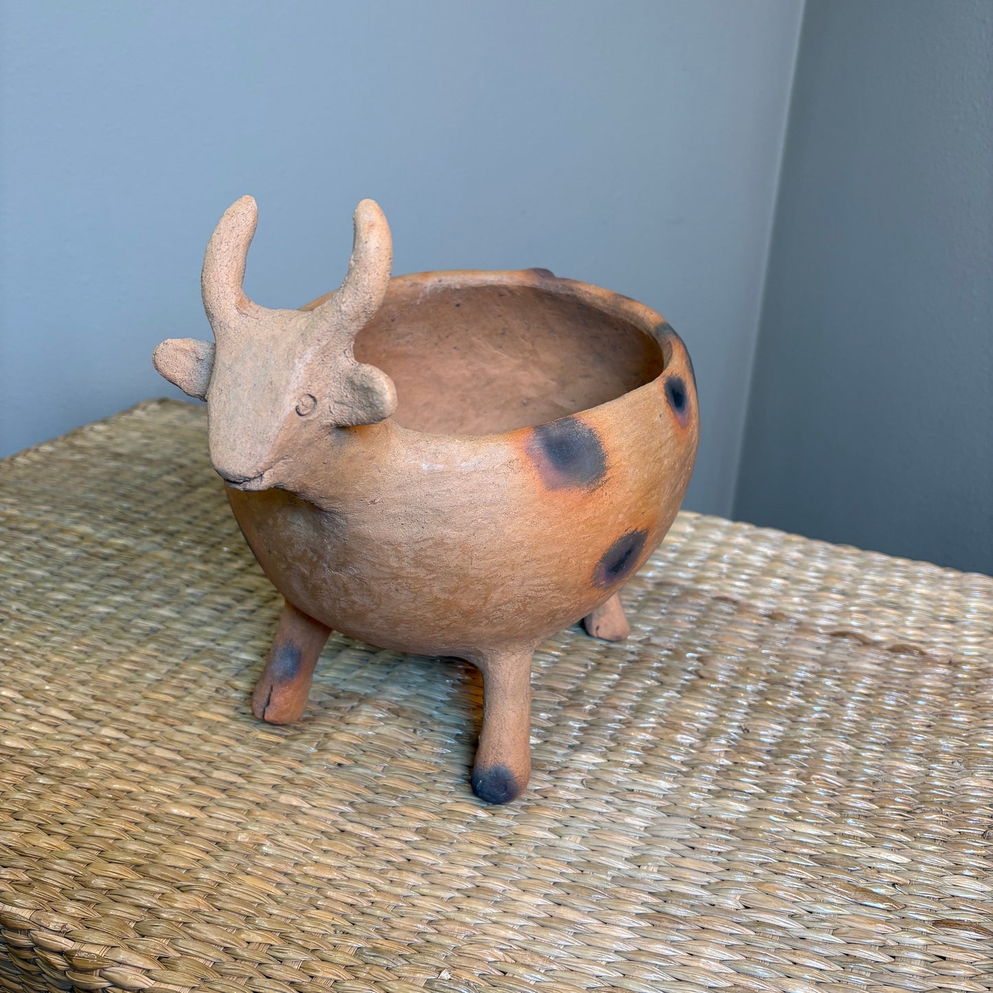"Pot-Bull clay planter"A sculptural clay from handcrafted in Zipiajo, Michoacan-shaped in the likeness of a single animal.Each figure is a personal ancestral technique and smoke-fired for organic depth and character.