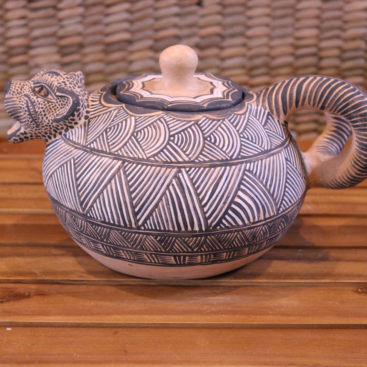 Hand-Painted Sugar Bowl with Lid - Natural & Black | Mexican Folk Art Pottery