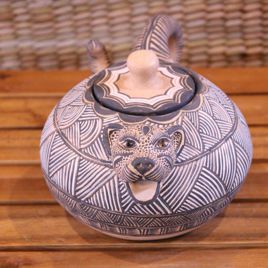 Hand-Painted Sugar Bowl with Lid - Natural & Black | Mexican Folk Art Pottery