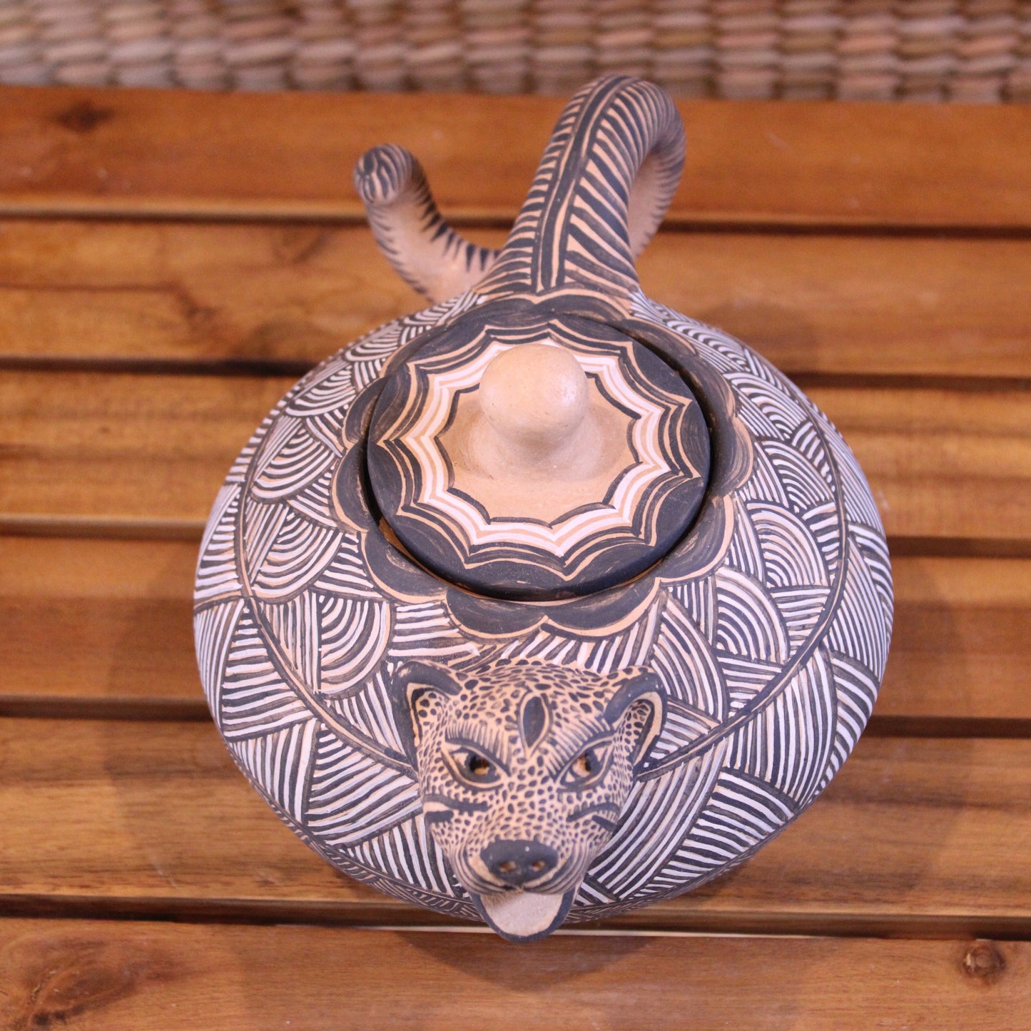 Hand-Painted Sugar Bowl with Lid - Natural & Black | Mexican Folk Art Pottery