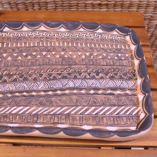 Hand-Painted Square Platter - Black | Mexican Folk Art Pottery