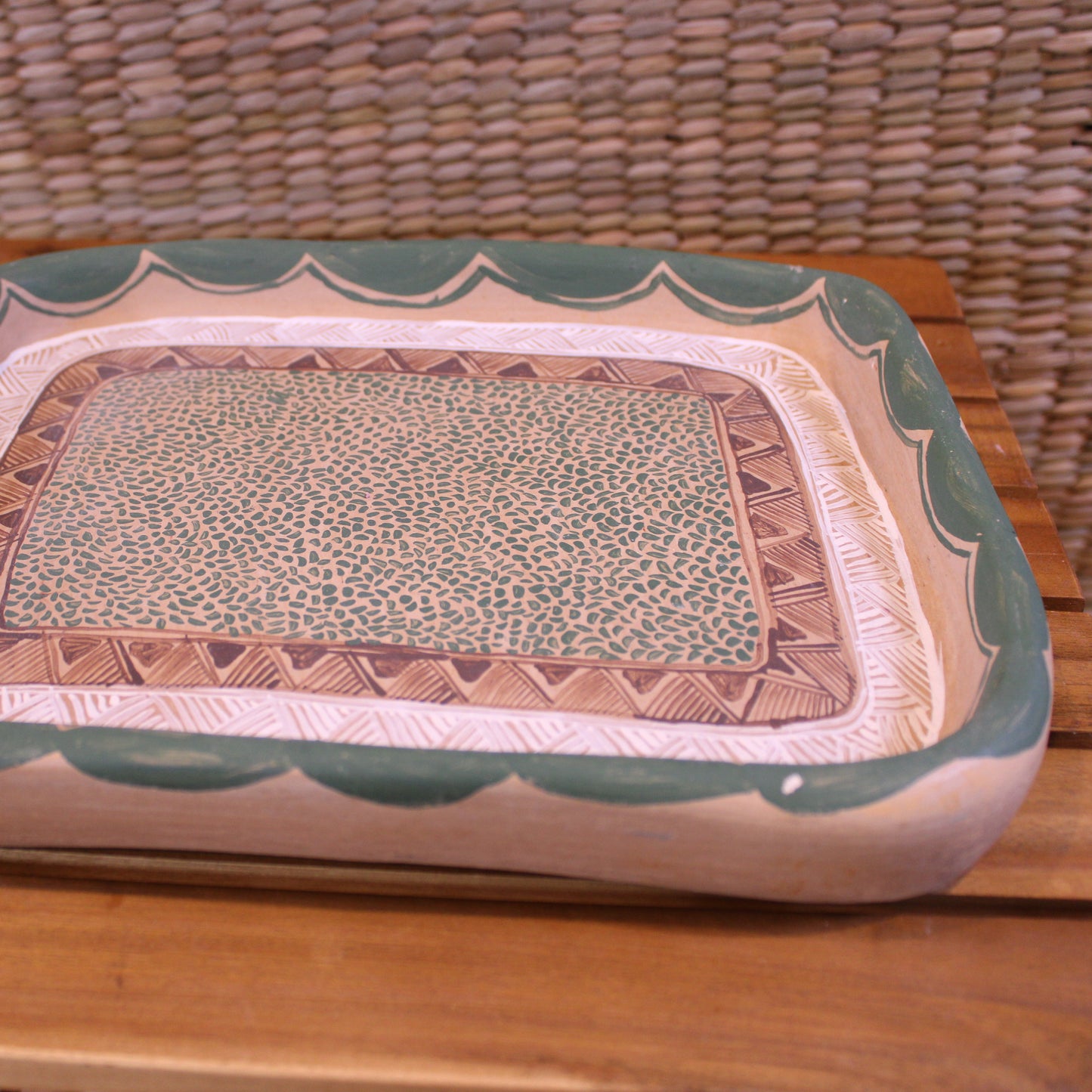 Hand-Painted Square Platter - Green | Mexican Folk Art Pottery