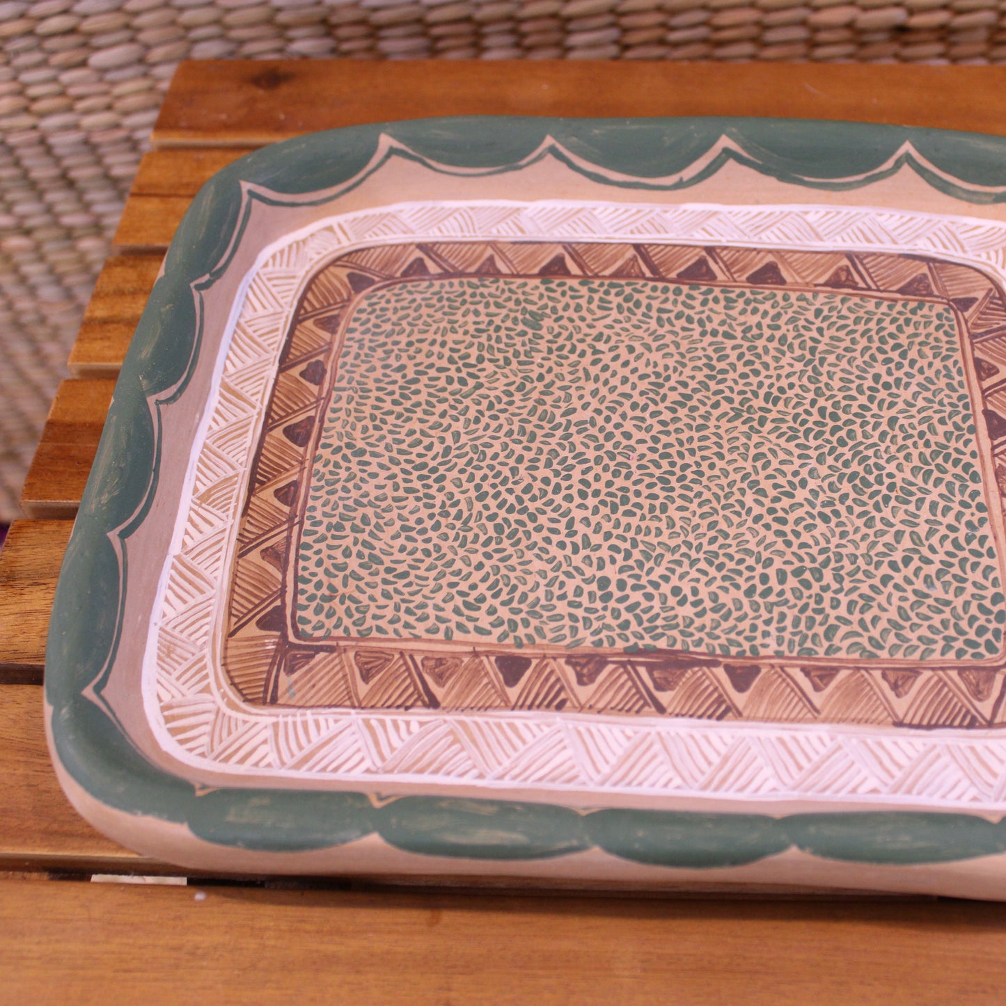 Hand-Painted Square Platter - Green | Mexican Folk Art Pottery